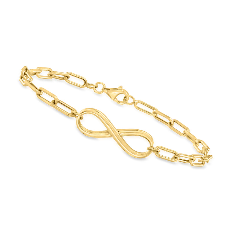 10kt yellow gold paper-clip link bracelet with raised infinity symbol center