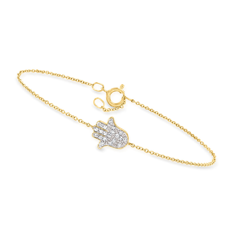 10kt yellow gold hamsa bracelet with diamond-accented hand charm and small bail clasp