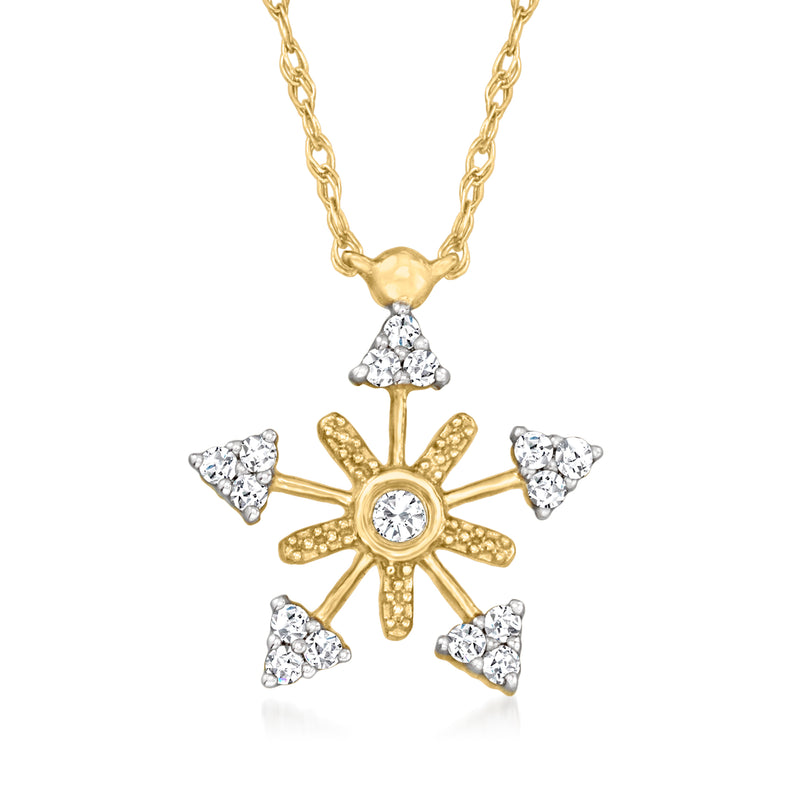 10kt yellow gold diamond snowflake necklace with round center stone and 6 sparkle accents