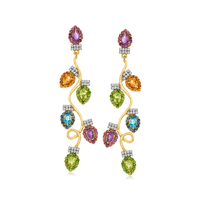 18kt gold over sterling drop earrings with teardrop multi-gem stones in purple, orange, green, blue