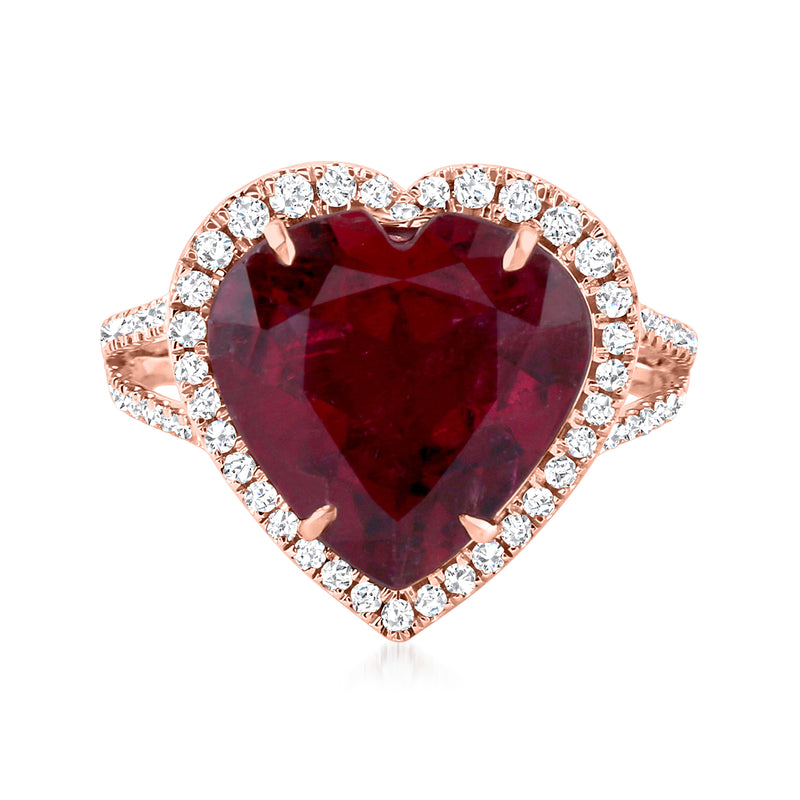 18kt rose gold heart ring with dark pink gemstone and diamond halo