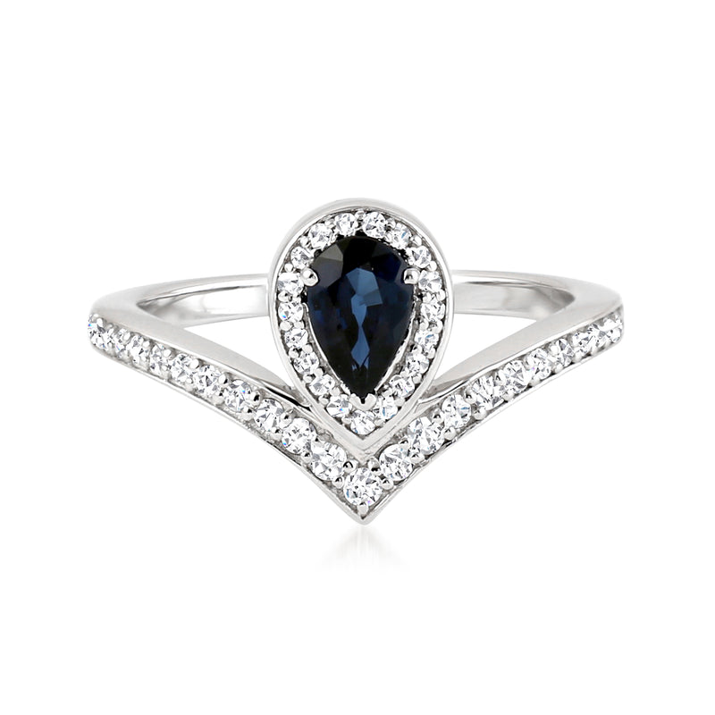 Chevron ring with pear sapphire and diamond accents in white gold