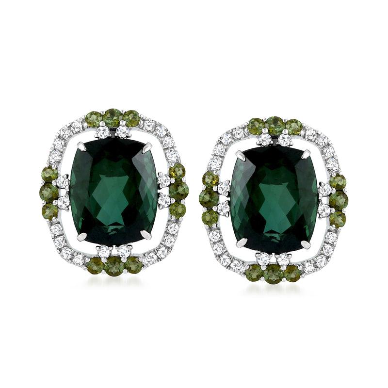 18kt white gold stud earrings with dark green tourmaline center, surrounded by diamond halo
