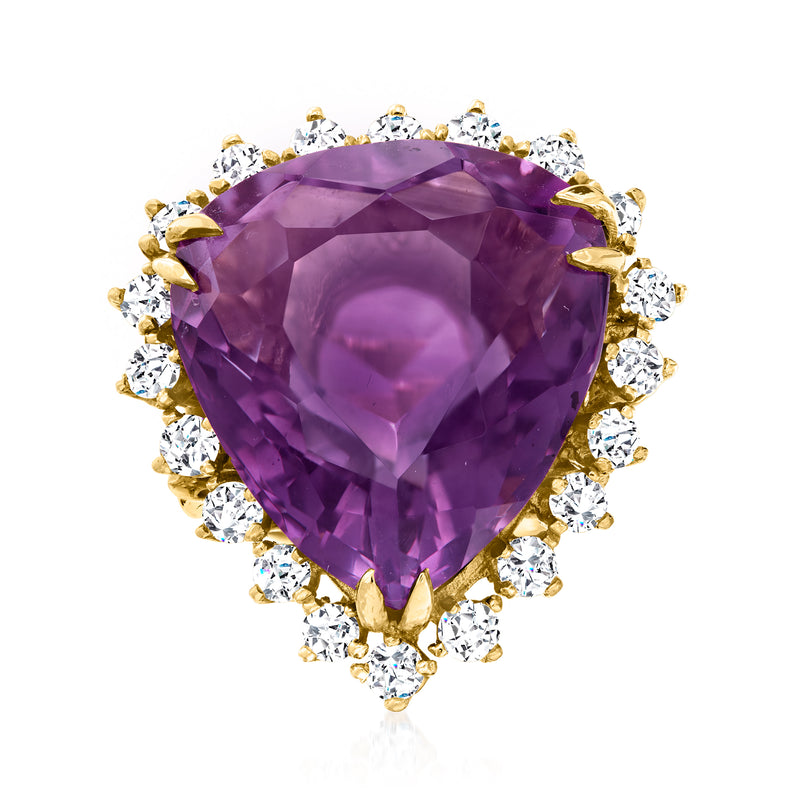 Heart-shaped amethyst ring with diamond halo and 14kt yellow gold prongs