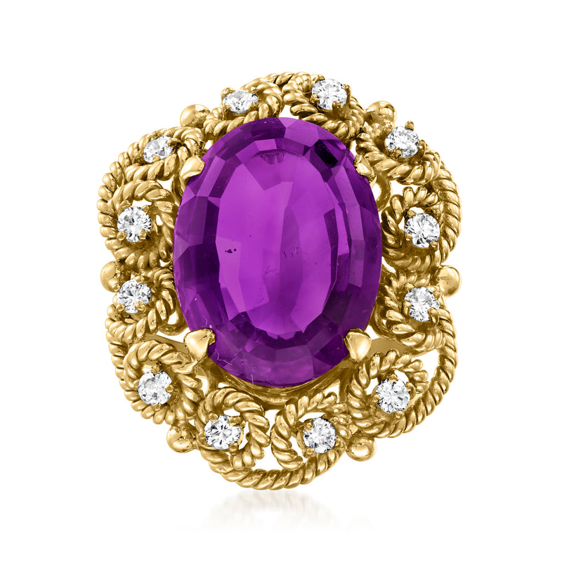 14kt yellow gold cocktail ring with large oval amethyst and diamond halo