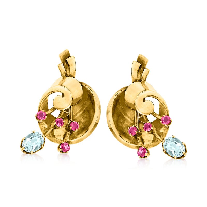 14kt yellow gold swirl clip earrings with aquamarine and ruby-colored stones