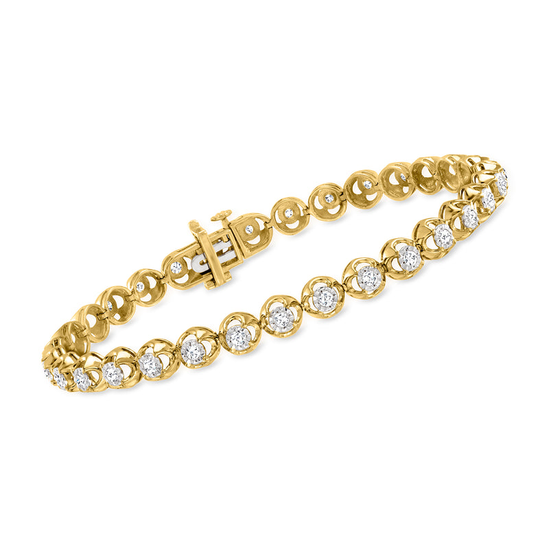 Gold-tone diamond tennis bracelet with round, prong-set stones and hinged clasp
