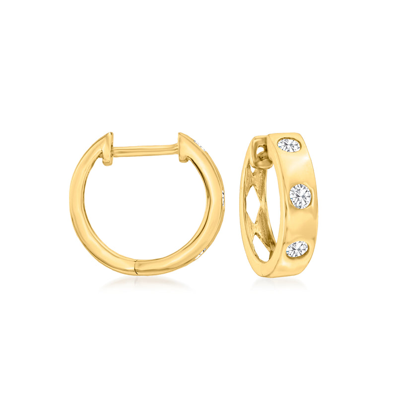 14kt yellow gold huggie hoop earrings with bezel-set round diamonds