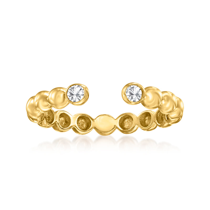 10kt yellow gold open-space ring with two bezel-set round diamonds on scalloped band