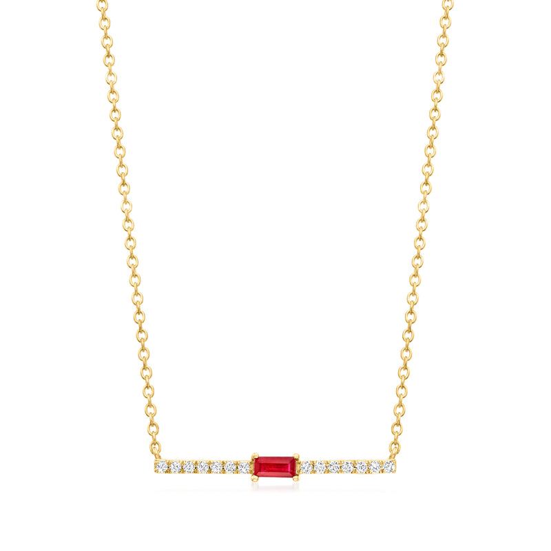 14kt yellow gold bar necklace with red ruby center and diamond accents on a chain