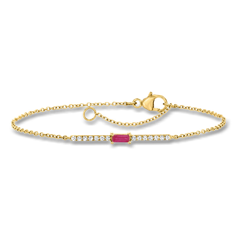 14kt yellow gold bar bracelet with purple ruby center and diamond accents