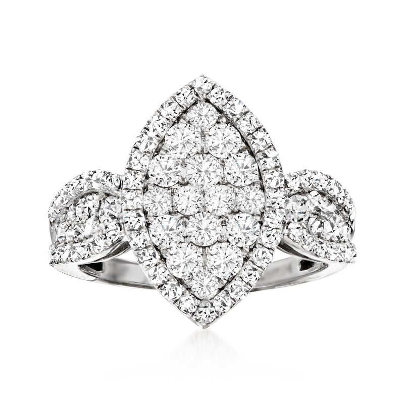 14kt white gold diamond cluster dinner ring with marquise-shaped center and side marquise stones