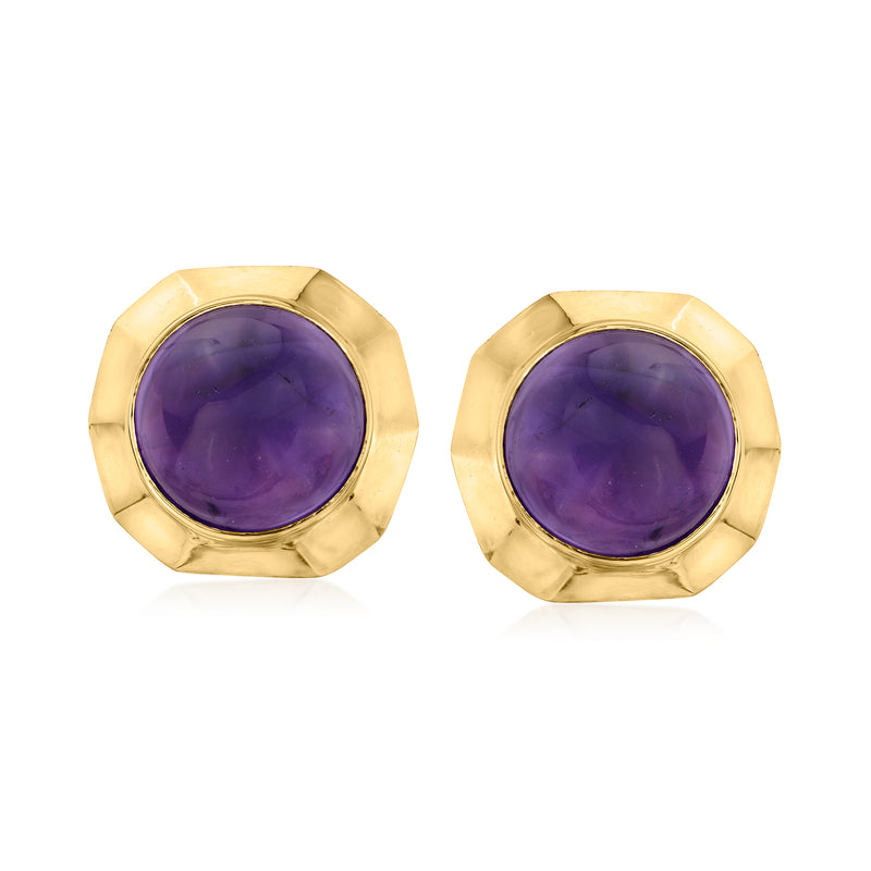 Round amethyst stud earrings in 14kt yellow gold, bezel-set with purple stones