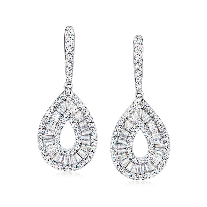 Sterling silver teardrop drop earrings with baguette and round diamond accents