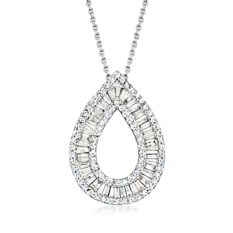 Sterling silver teardrop diamond pendant necklace with baguette and round stones