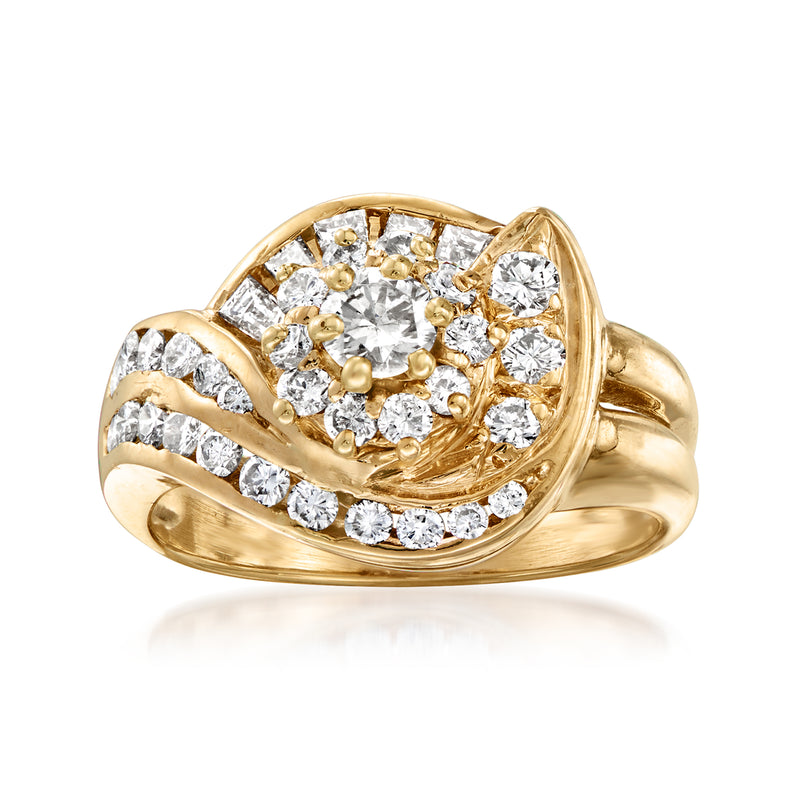 14kt yellow gold swirl ring with round diamonds set in a curved wave design