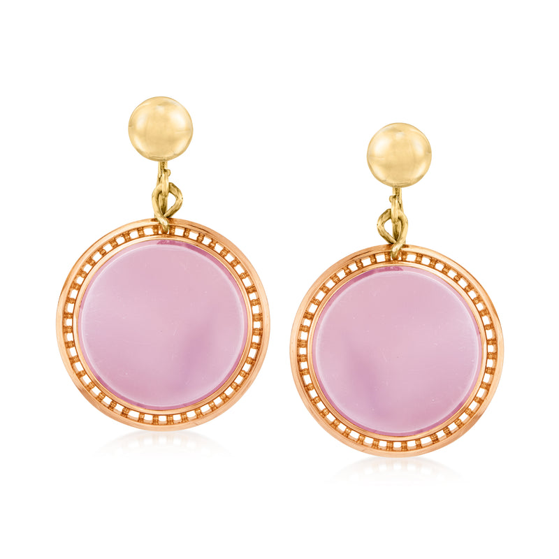Two-tone gold drop earrings with round pink agate cabochon and beaded edge