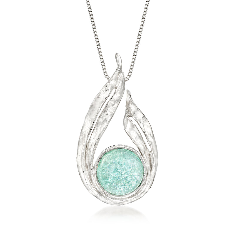 Sterling silver teardrop pendant necklace with aqua Roman glass round bezel