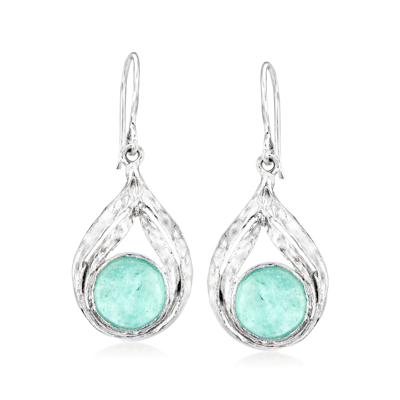 Sterling silver drop earrings with aqua Roman glass teardrop dangle, earwires.