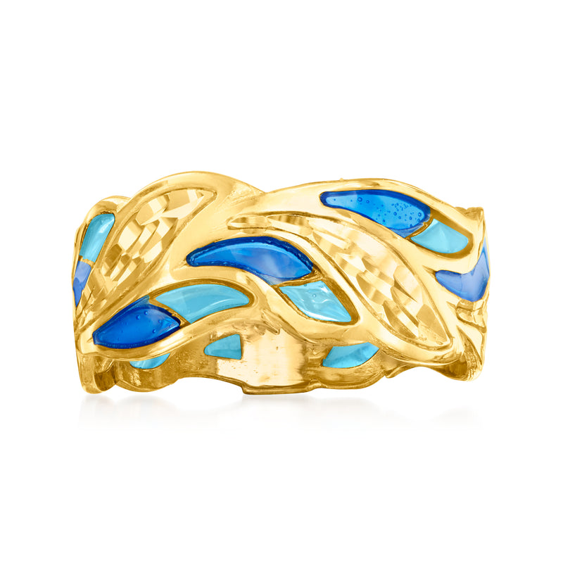 14kt yellow gold wave ring with blue enamel inlay and scalloped design