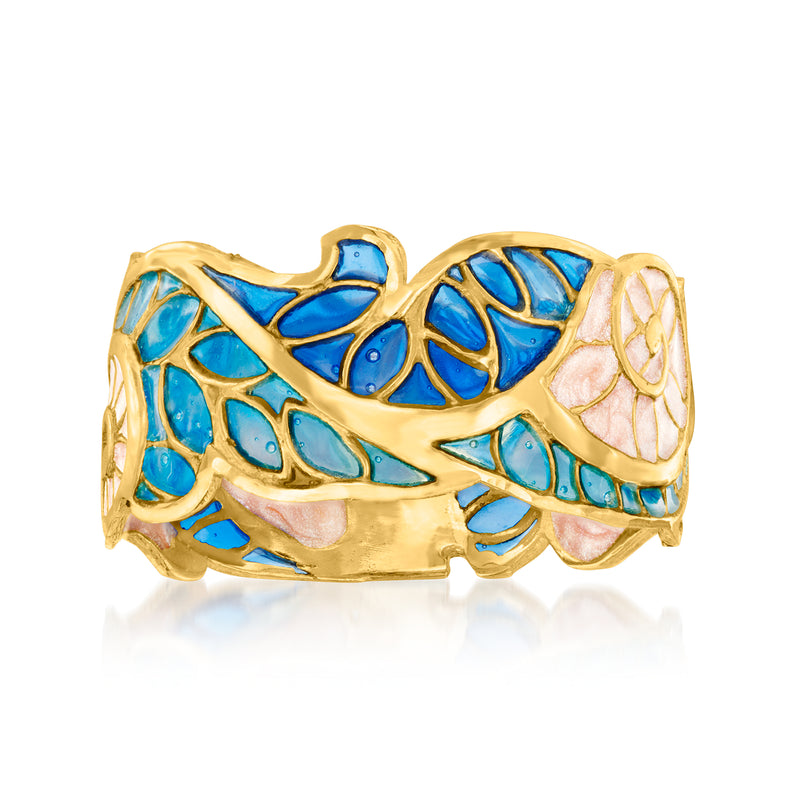 14kt yellow gold enamel floral ring with blue and pink mosaic details