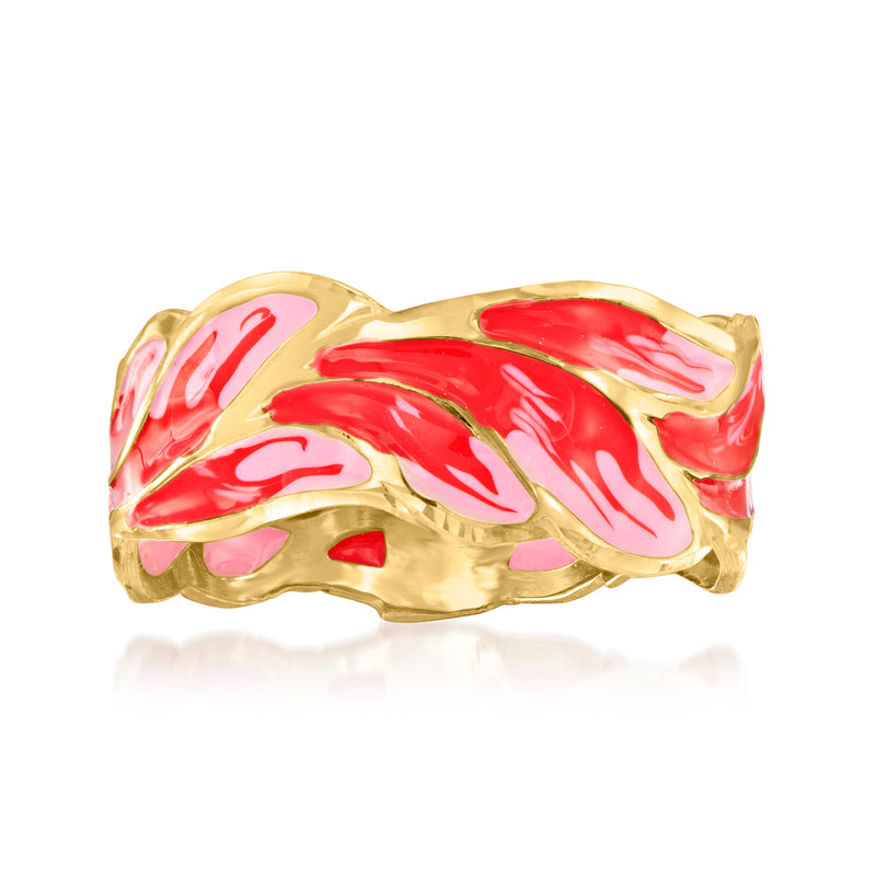 14kt yellow gold enamel ring with swirling red and pink abstract inlay