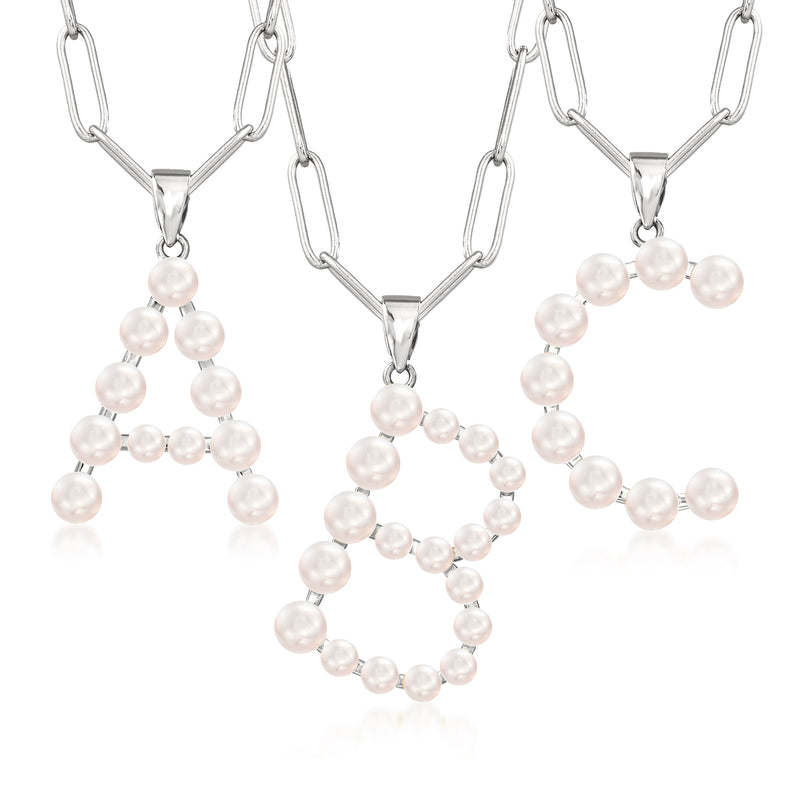 Sterling silver link necklace with cultured pearl initial pendant and white pearl drops