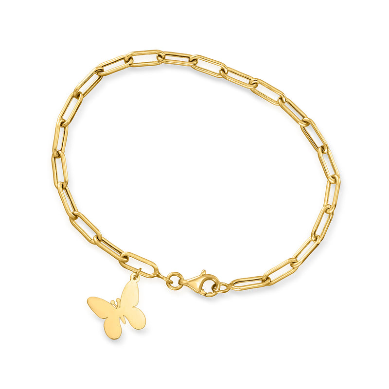 10kt yellow gold butterfly charm paper clip link bracelet with clasp