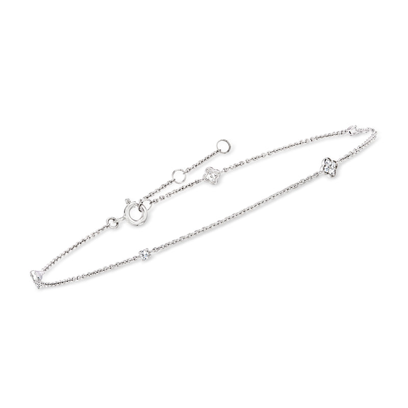 Sterling silver diamond anklet with three small stone links and lobster clasp