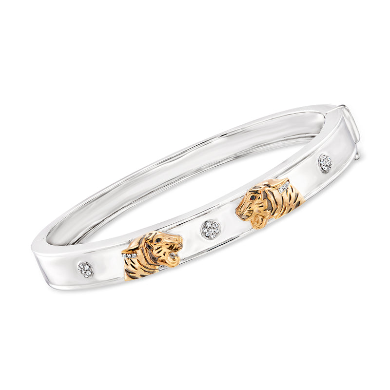 Two-tone tiger bangle bracelet in sterling silver with gold tiger motif and small clear stones