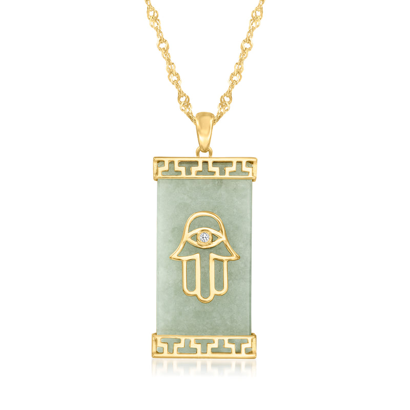Gold-tone hamsa pendant necklace with green jade-style center panel and eye stone