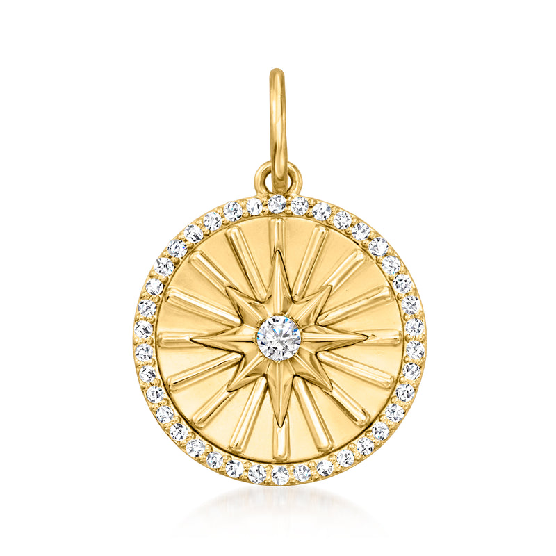 Round 14k yellow gold diamond sundial medallion pendant, sunburst rays, diamond center