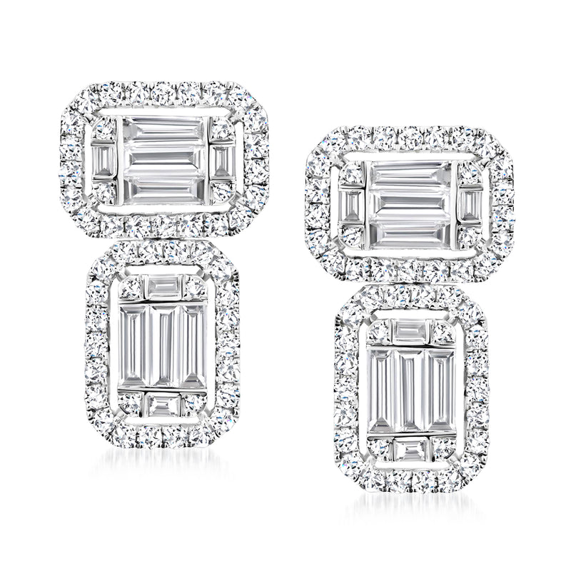 18kt white gold diamond square cluster drop earrings with baguette accents