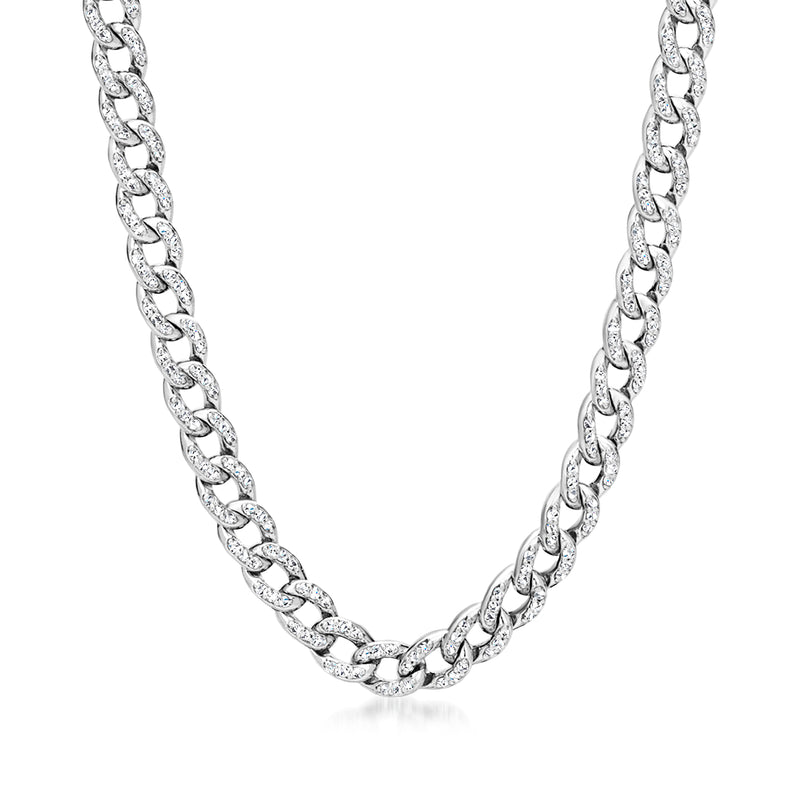 18kt white gold diamond curb-link necklace with faceted link accents