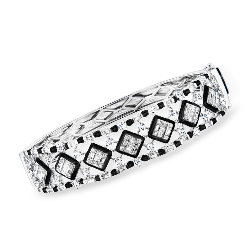 18kt white gold diamond bangle bracelet with black enamel geometric panels