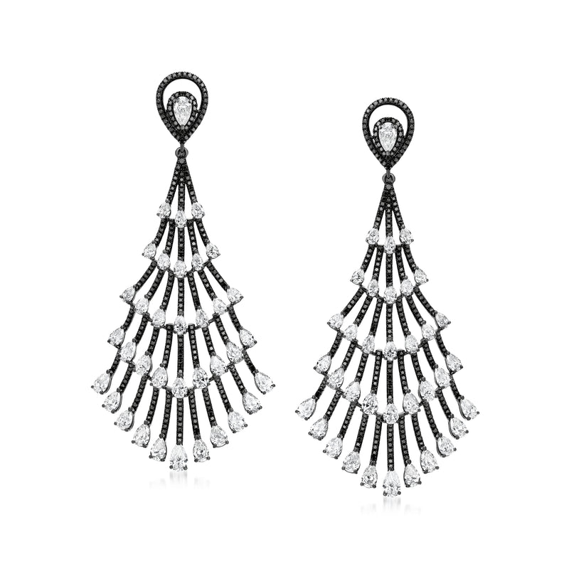 Black and white diamond drop earrings with cascading teardrop tiers, white gold