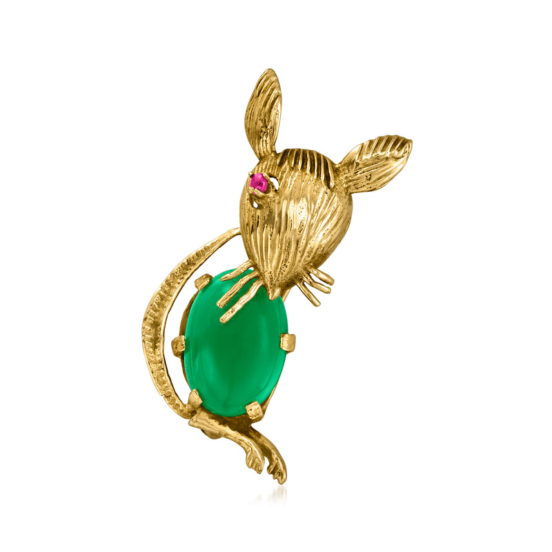 18kt yellow gold mouse pin with green chalcedony body and ruby eyes