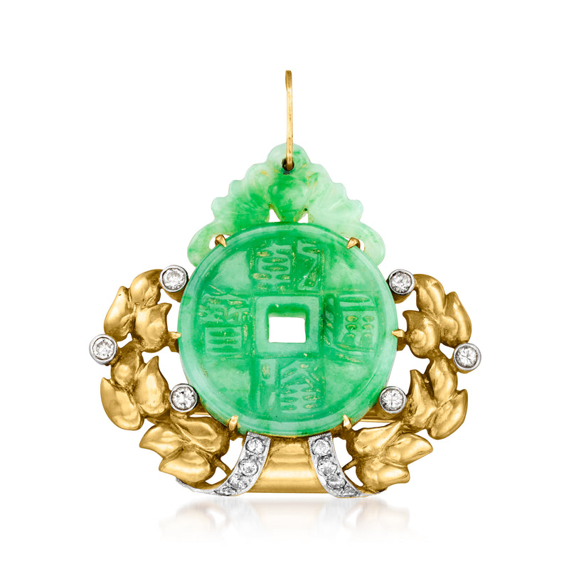 Round green jade Chinese symbol pendant with diamond accents in yellow gold and platinum