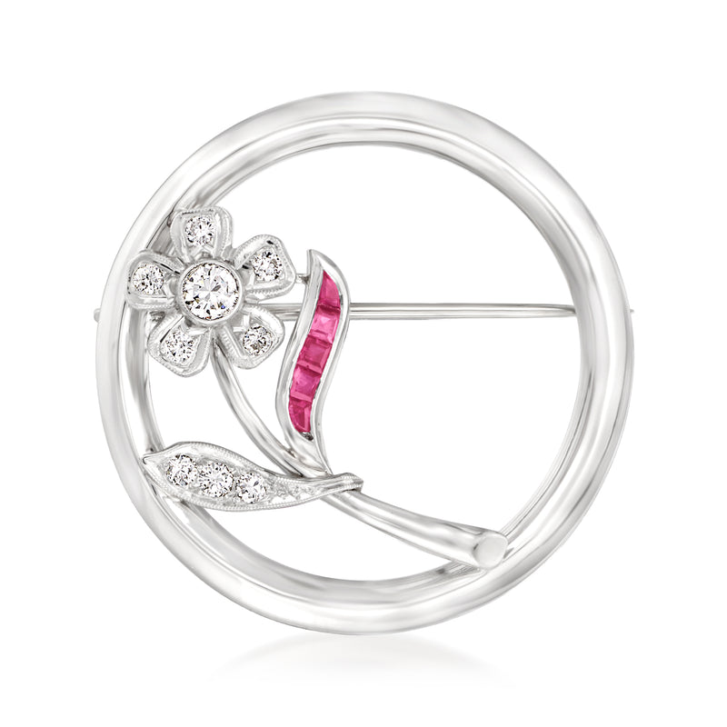 Platinum flower and ruby gemstone circular pin with diamond accents