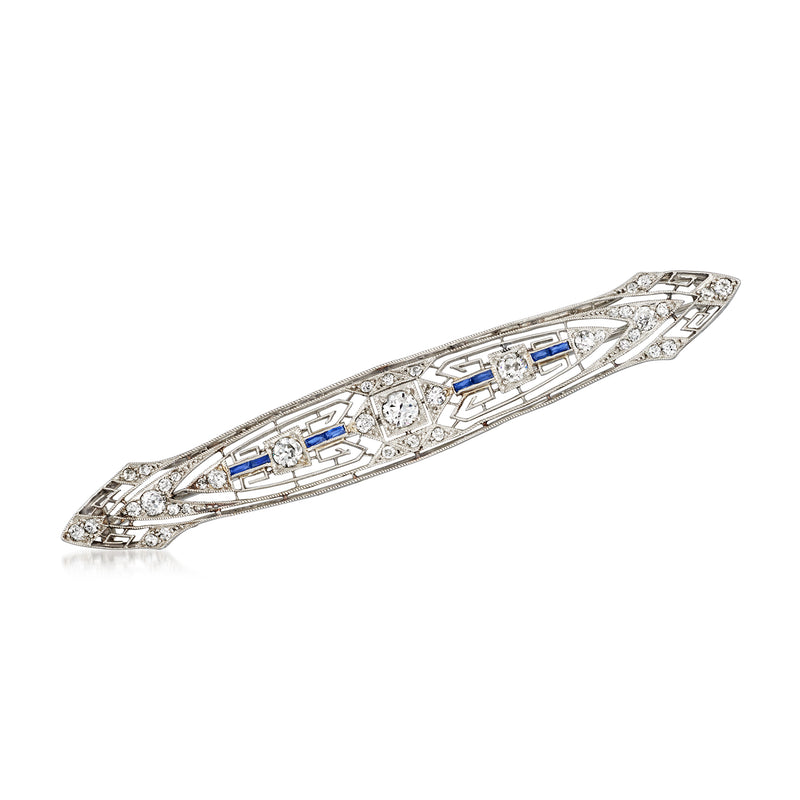 Vintage platinum bar pin with diamond accents and blue lab-grown sapphire inlays
