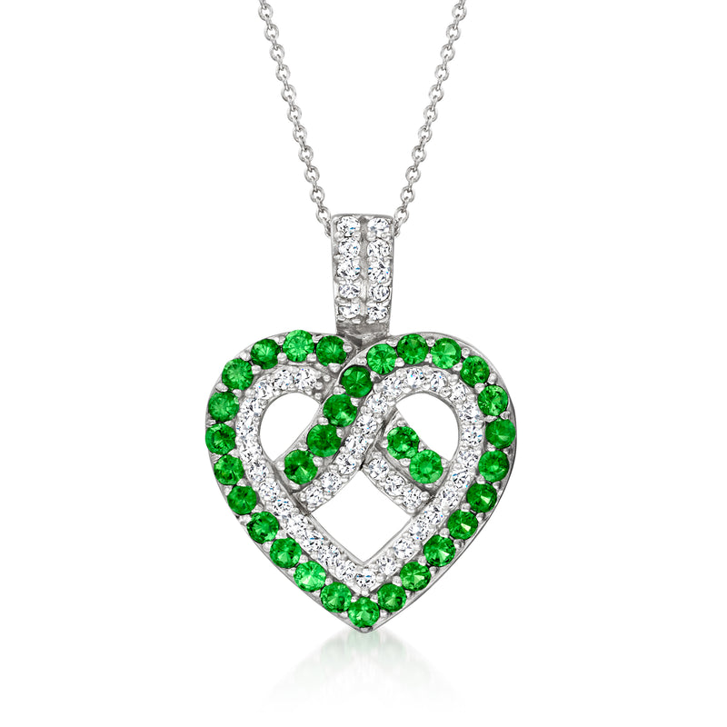 14kt white gold heart pendant necklace with green tsavorite and diamond border