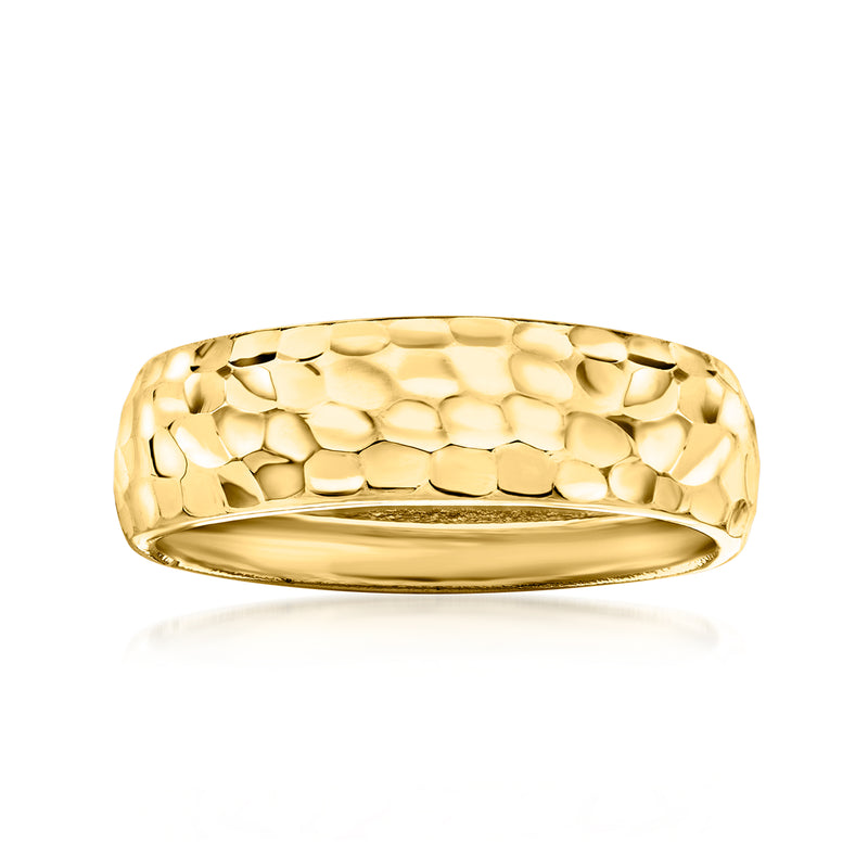 Yellow gold textured groove-pattern band ring, wide profile