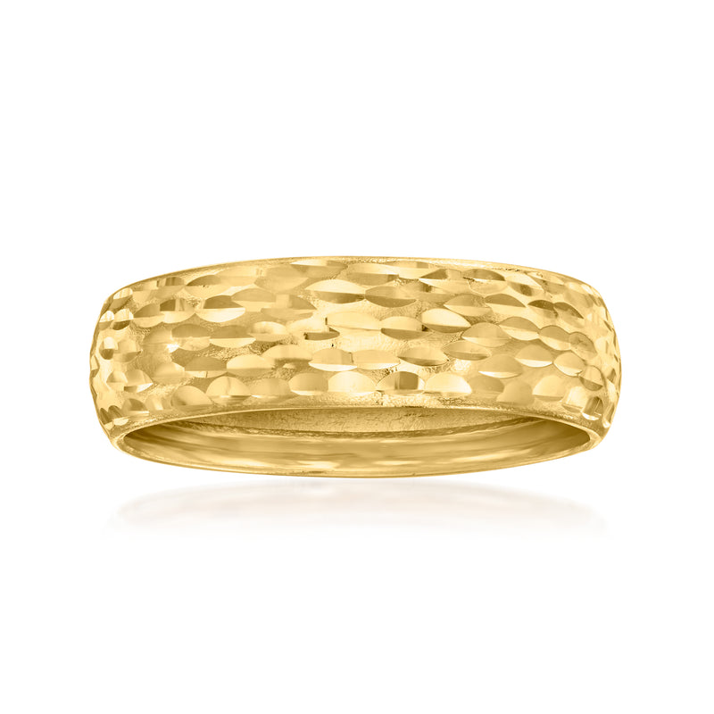 10kt yellow gold groove-pattern ring with wide hammered band, smooth inner edge
