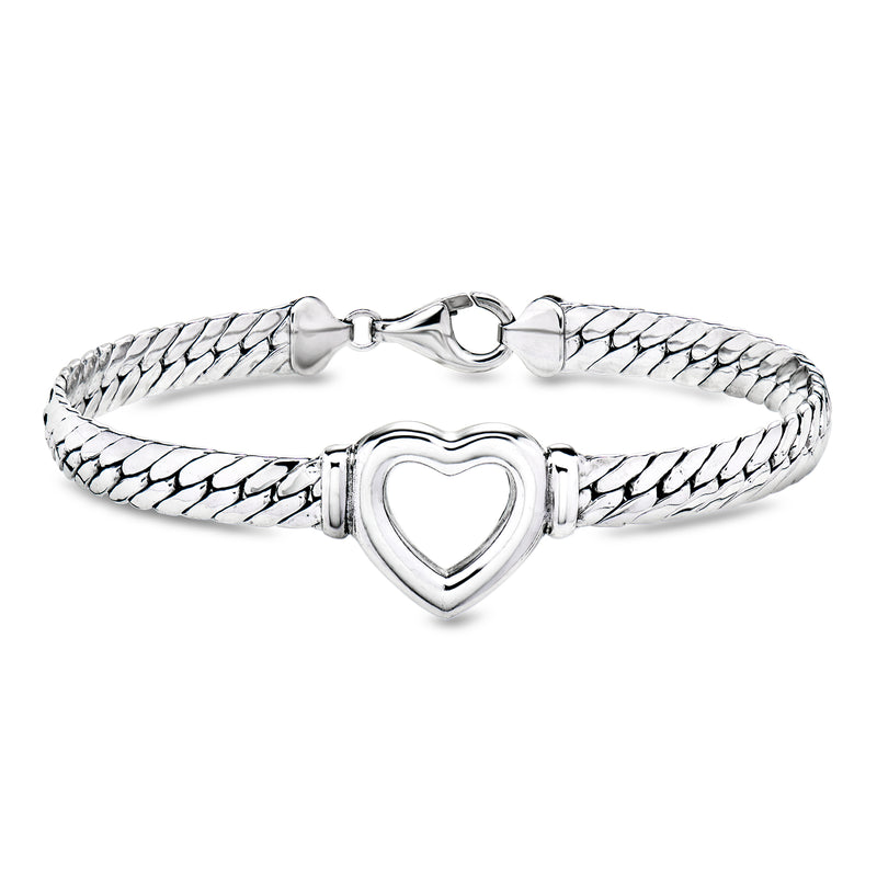 Silver Cuban-link bracelet with heart charm and clasp