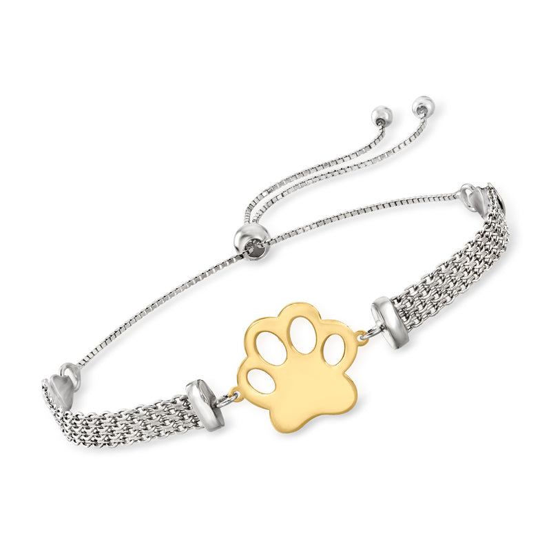 Two-tone sterling silver bolo bracelet with gold paw print charm and braided ends