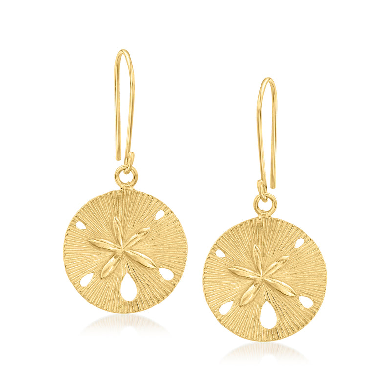 Gold sand dollar drop earrings with textured disc and polished star detail, hoop earwire