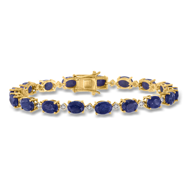 Gold over sterling bracelet with oval blue sapphires and small clear diamonds in links
