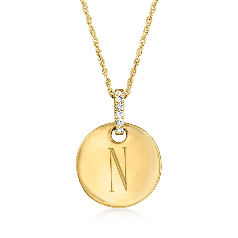 14kt yellow gold personalized disc pendant necklace with diamond-accent bail, letter N