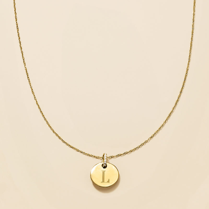 Yellow gold personalized disc pendant necklace with letter L charm