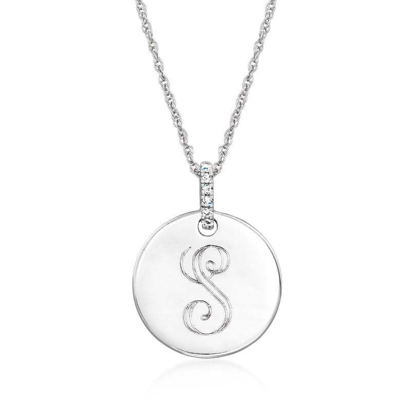 Sterling silver circle pendant necklace with engraved initial S and diamond accents